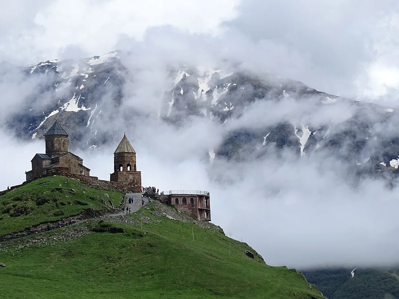 Gergeti Trinity Church in the Caucasus mountains near Kazbegi